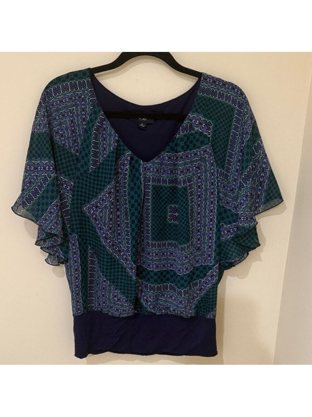 AGB Navy and Green Women’s Sheer Top  | Fully lined Blouse Size S